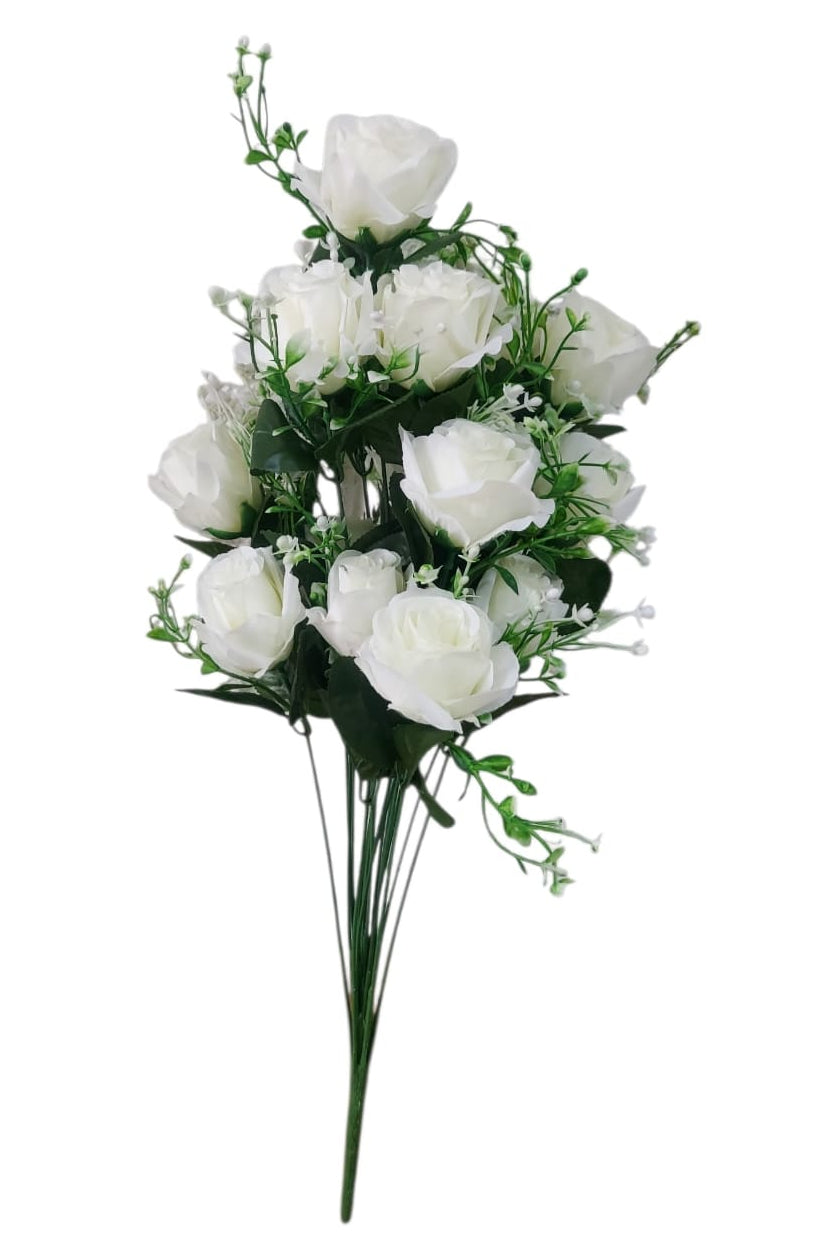 Rosa Larga con Follaje Blanca 65cm