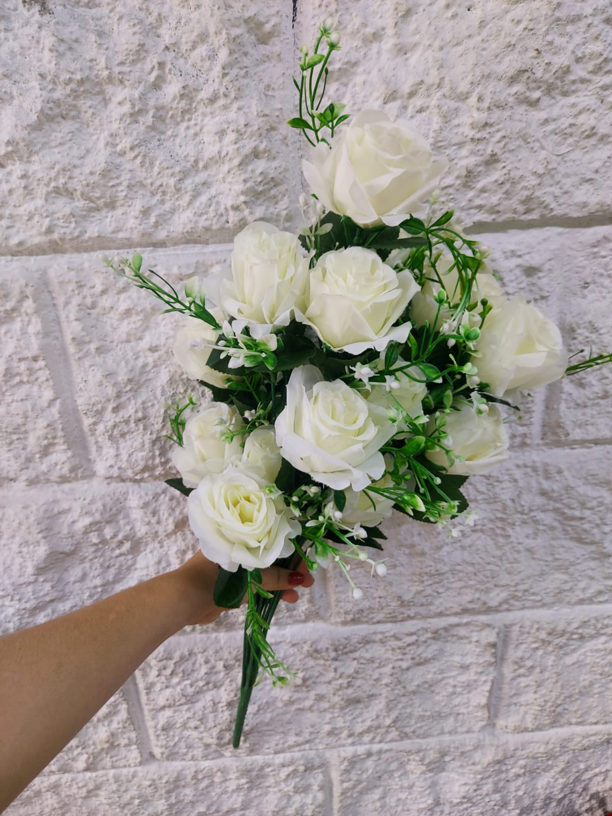 Rosa Larga con Follaje Blanca 65cm